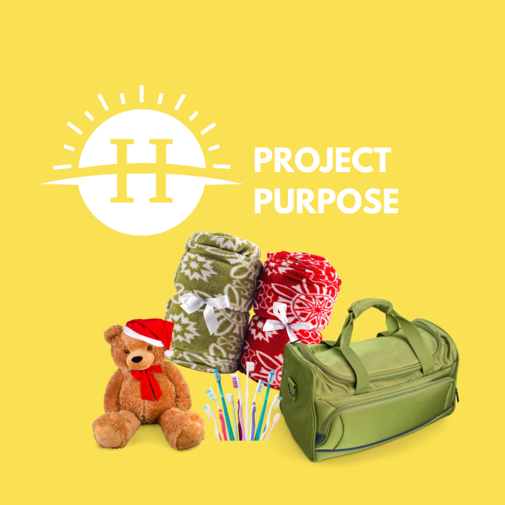 Horizon logo, Project Purpose, teddy bear, duffle bag, hands holding heart